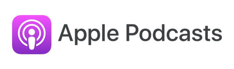 Apple Podcasts logo with a purple podcast icon on the left and the words "Apple Podcasts" in gray text on the right.