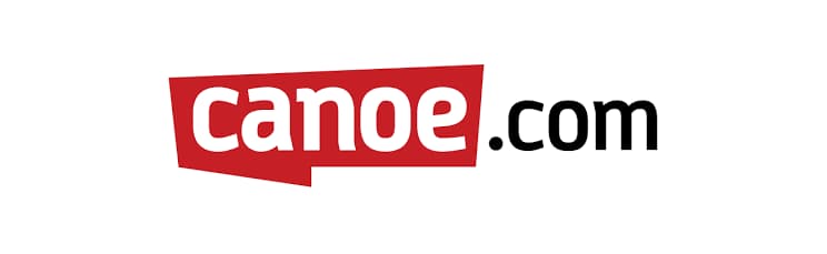 The Canoe.com logo features "canoe" in white letters on a red background, followed by ".com" in black on a white background.