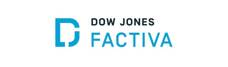 Dow Jones Factiva logo featuring a stylized blue "D" icon and the words "Dow Jones Factiva" in black and blue text on a white background.