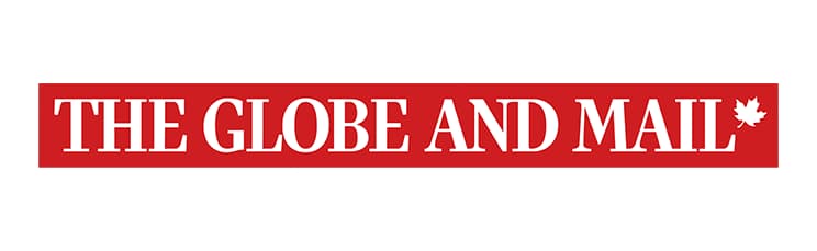 The Globe and Mail logo features white text on a red background with a small white maple leaf on the right side.
