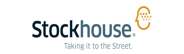 Stockhouse logo with text "Taking it to the Street" and an orange outlined head with dots on the right.